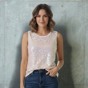 Anna-Kaci CA Tank Top Iridescent Sequin White XL Sparkle Party Sleeveless NWT